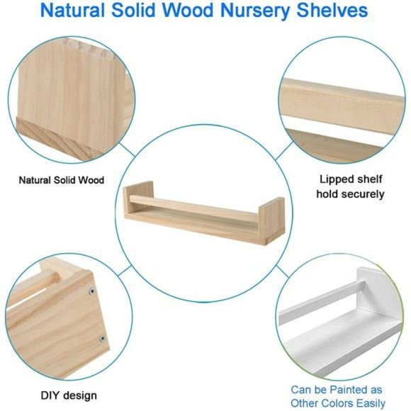 Nursery Book Shelves, Set of 2 Wood Floating Book Shelves for Kids Room - Picture 4 of 6